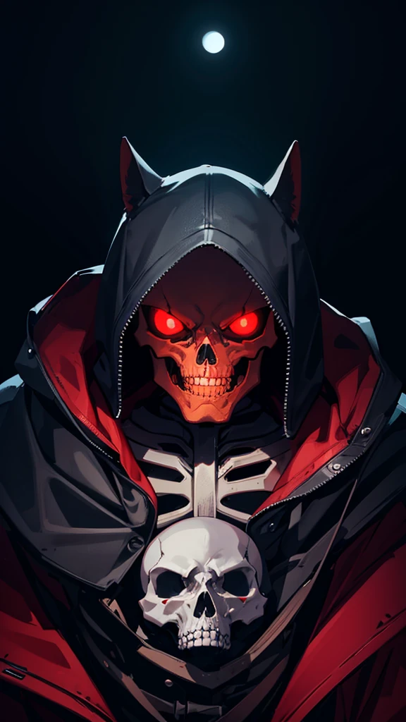 Anime style, half, side, half-skull mask, Right, Right Side Half-skull Mask, black, red, red outline, dangerous, Badass, grim reaper, glowing eyes, sci-fi, advance, technology