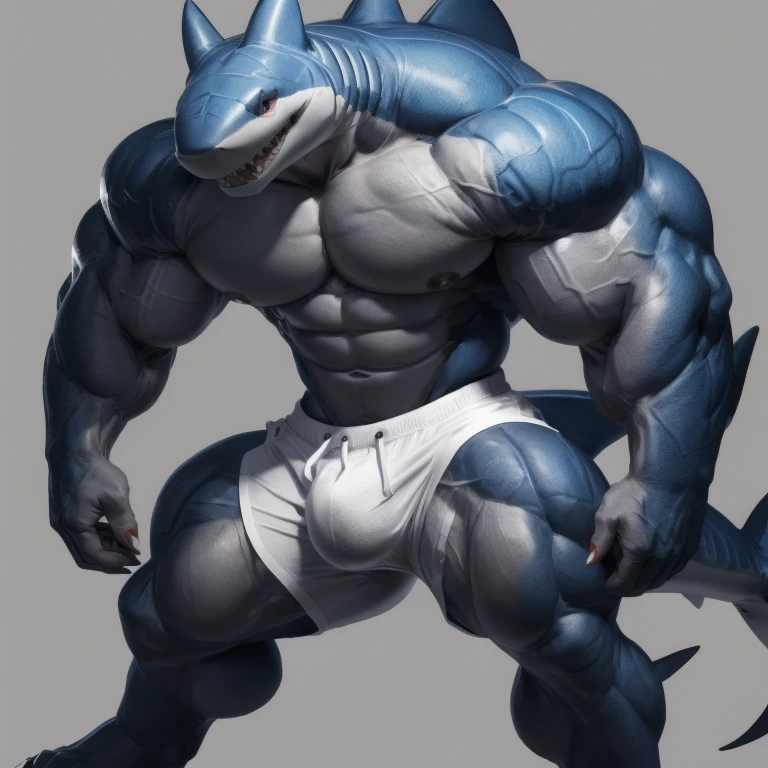 furry growth, big Bulge, hyper growth, hyper muscles, a shark, blue, cute shark, blood in the mouth, shirtless, white shorts, muscular, on a gray background