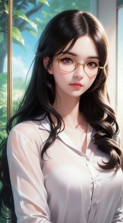 A woman wearing delicate round glasses,Gold frame round glasses, Wavy Hair、casual long hair、Beautiful long black hair、Portrait facing the front、Golden Ratio,、キラキラと輝くpupil,Attractive adult pretty woman、Ultra-high resolution, elegant、Office Casual、A clear and serious atmosphere、Dress shirt、Library、A bright room with soft light、Professional photography、Ultra-high resolution, (Realistic:1.4), full_body,RAW Photos,(pupil, Light in your eyes), Beautiful face in every detail,(Ultra-realistic、High resolution detail of human skin texture),
