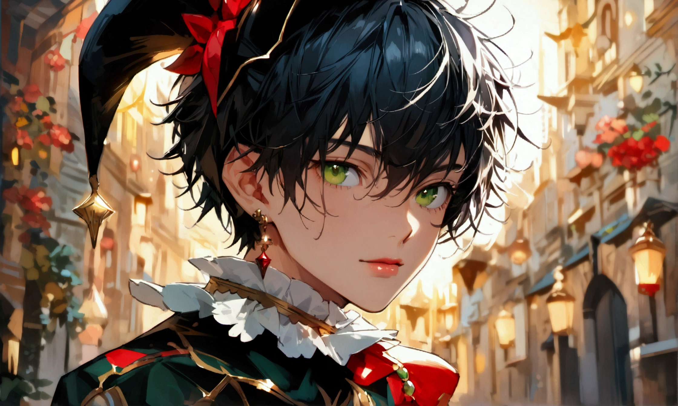 boy, short dark brown hair, big green eyes, wearing black and red jester outfit, Face with a mischievous and curious expression, ((Intricate anime character design inspired by Ousama Ranking)), ((Stunning lighting)), ((Fine lines)), ((Stunning focus)), ((Stunning face)), ((Detailed focus)), ((Detailed background)), ((Ultra-fine 2D design)), ((Background full of creativity)), ((2D masterpiece)), ((Best quality), ((8K)), ((Anime style))