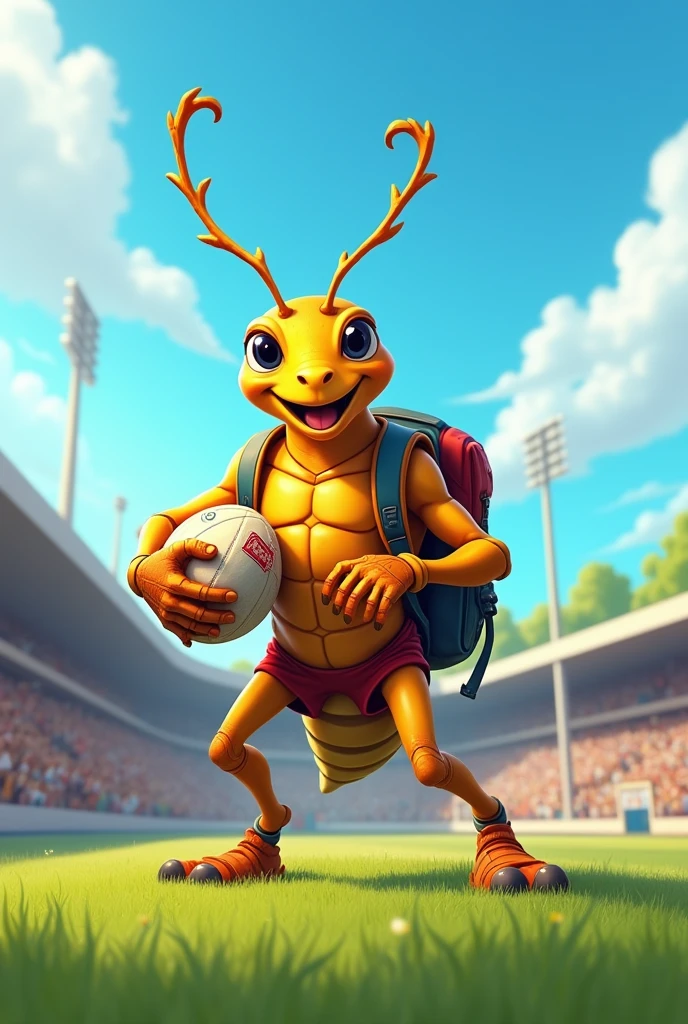 insecte Grillon .
Très Musclé.
un ballon de rugby dans la main et un sac d'école.
Souriant.
Terrain de rugby