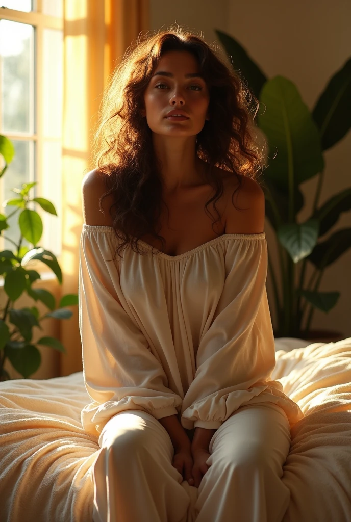 (photorealism:1.2), beautiful woman, sitting on bed, wearing loose off-shoulder top, pajama pants, long curly hair, indoors, soft lighting, plants in background, window with sunlight, cozy room, relaxed pose, realistic, intricate details, warm colors, by Greg Rutkowski, by Alphonse Mucha