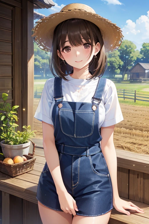 anegasaki nene、Shiny brown hair, short hair, (Beautiful brown eyes、Sparkling eyes, Fine grain)、smile、Ultra-detailed eyes、Highly detailed face, Highly detailed eyes,




(Highest quality、4K、8k、High resolution、masterpiece: 1.2)、Overalls、rice planting、Farmer、Straw hat、Thin thighs、
