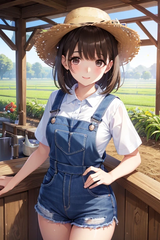 anegasaki nene、Shiny brown hair, short hair, (Beautiful brown eyes、Sparkling eyes, Fine grain)、smile、Ultra-detailed eyes、Highly detailed face, Highly detailed eyes,
(Highest quality、4K、8k、High resolution、masterpiece: 1.2)、Overalls、rice planting、Farmer、Straw hat、Thin thighs、
