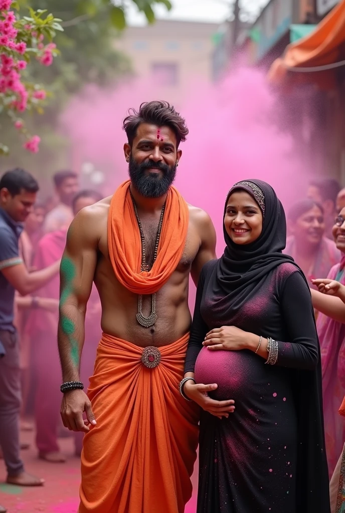 Young muscular Hindu pandit, pregnant muslim girl wearing black burkha,together enjoy the festival of holi with family 