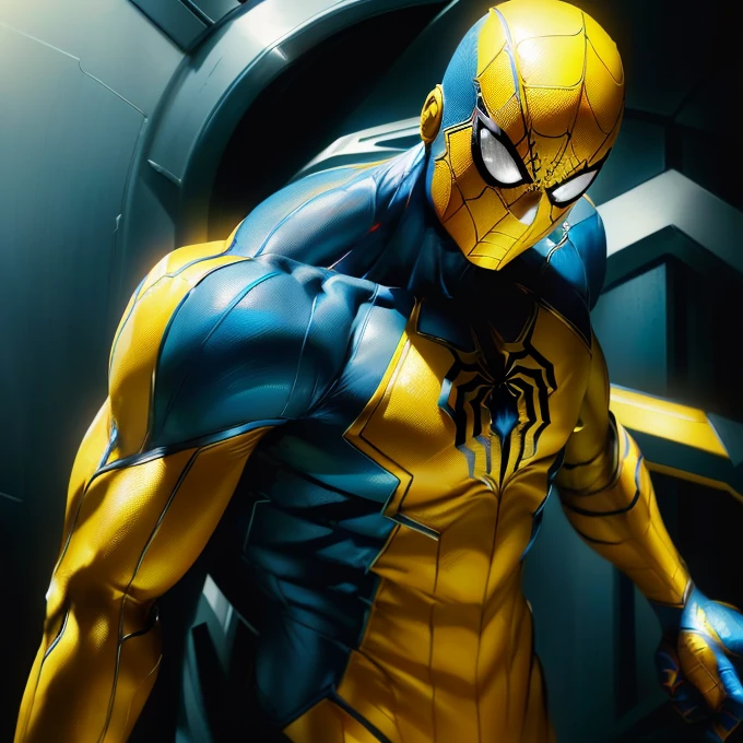 araffed man in a yellow and blue costume with a black helmet, blue and yellow spiderman, spiderman as wolverine, marvel comics dslr hdr, futuristic style spiderman, marvel comic book characters, spiderman as electro, highly detailed spider - man, style of marvel, marvel character, high detail iconic character, inspired by Ryan Stegman, marvel, portrait of spiderman