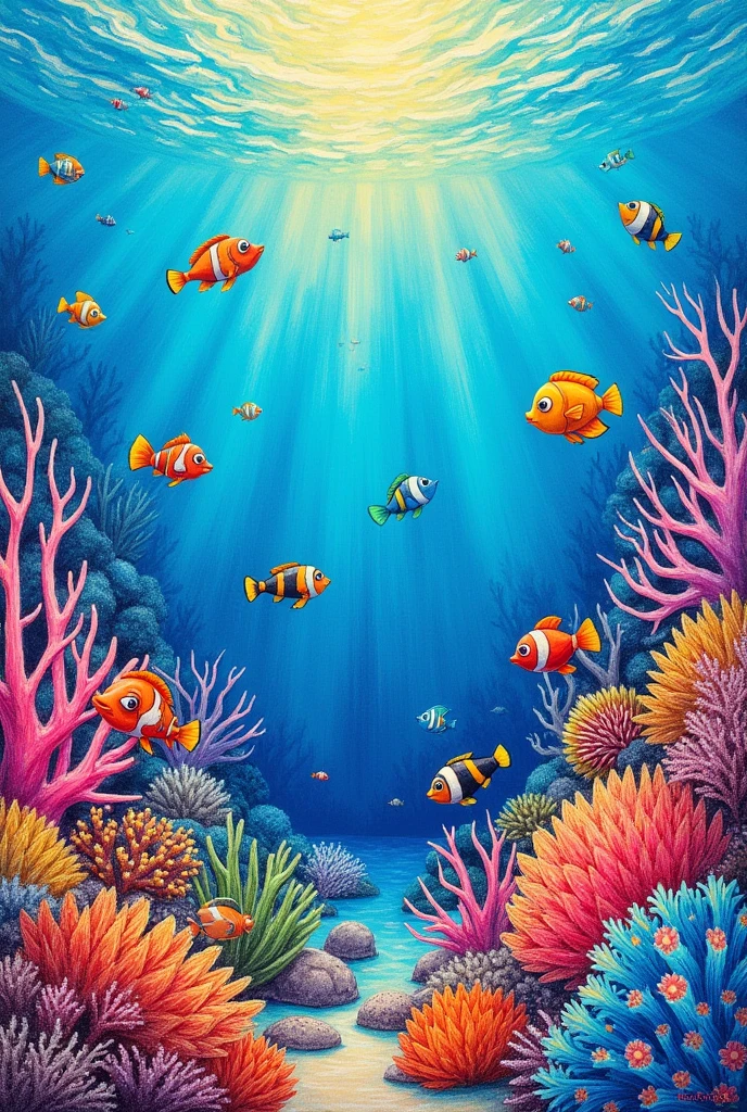a drawing of a colorful underwater scene with fish and corals, underwater scene, Coral reef, 7 year old Crayon drawing, colorful Coral reef, masterpieceunderwater scene, colored pencil on paper, underwater landscape, Underwater watercolor painting, underwater scenery, Crayon drawing, arte con colored pencil on paper, Arrecife tropical, Submarine, reefs, crayon on paper, Underwater landscape