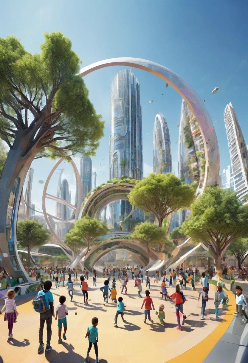 Y4NN, A futuristic and enriching community city，Young people are jumping and active in the city，In the center of its central circle is a huge circular structure，It&#39;s blue and green light, sci-fy, A detailed matte painting, space art, Ultra - detailed, shining from within, masterpiece, The best quality, smart city