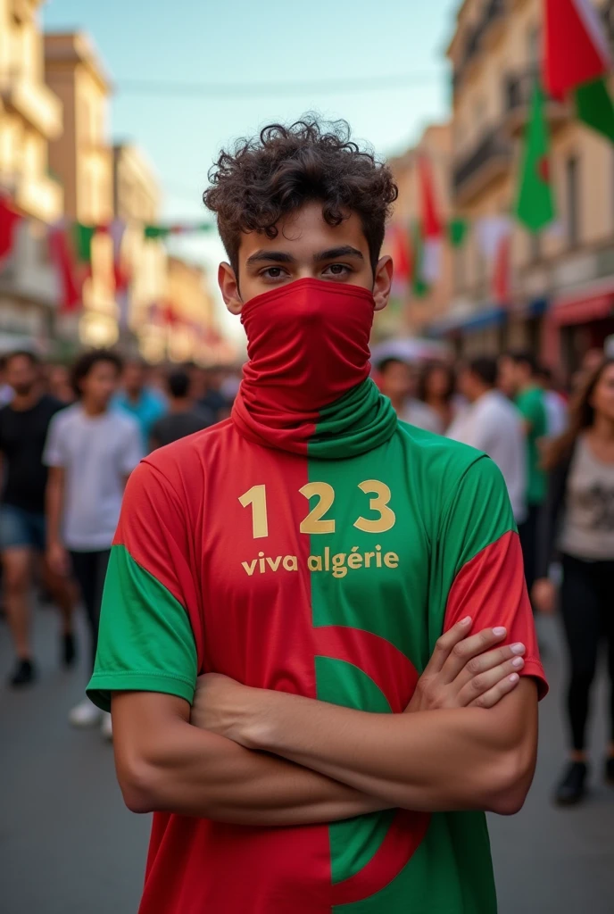  A17 —  - boy wearing the back of the Algerian flag on the back. He wears an Algeria shirt. The shirt says 1 2 3 viva algerie in English, and the face and eyes are covered with a red, green and white cloth.
