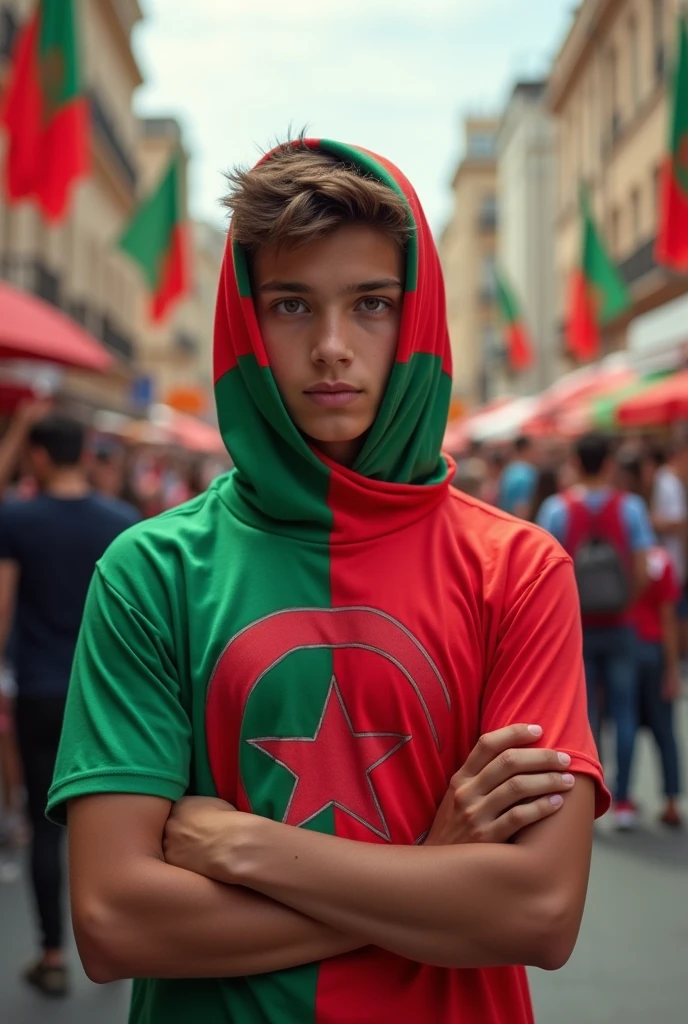 A17 — year - boy wearing the back of the Algerian flag on the back. He wears an Algeria shirt. The shirt says 1 2 3 viva algerie in English, and the face and eyes are covered with a red, green and white cloth.