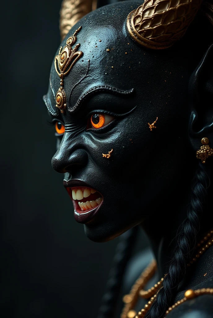 A black marbled hindu goddess Kali, demon like, from a meditating stance, looking through her eye brows, angry, furious, raging, baring her fangs, bloodlust, dynamic shot, side angle shot, close-up shot, high angle shot, bokeh, bald, adorned with hindu and and sinhalese and burmese decor, very dark background, looking grim, staring with fury, black pupills, golden glowing iris, fuming black particles from the body, silhouette, 8k resolution, masterpiece, 