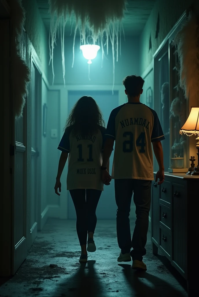 A cute women wearing a jercy backside name srity walking with a cute man weaing a jercy backside name rafi in a haunted house