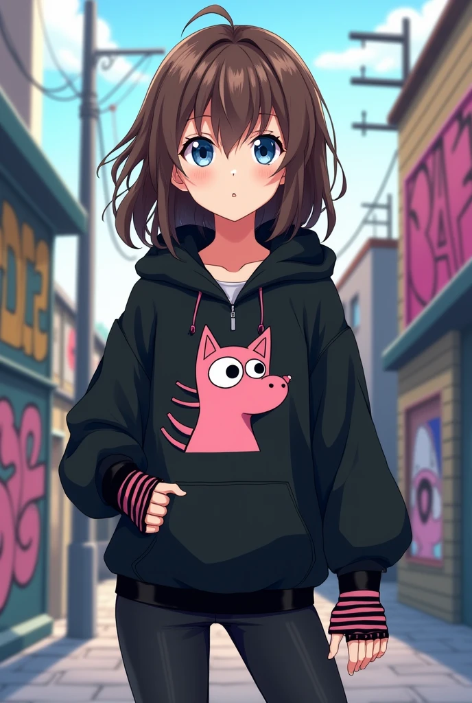 draw art of 14 year old girl in anime style, blue-gray eyes, a little long messy brown hair, sloppy strands over shoulders and long bangs to the side that covered my left eye, round glasses with black frames, clothing style was rather baggy, a black zip hoodie with the character Gir from Invader Zim, (a green dog with large slanted eyes, black limbs, ears and tail), on one hand I had pure black fingerless glove and on the other fingerless glove with black and pink stripes, and black jeans.