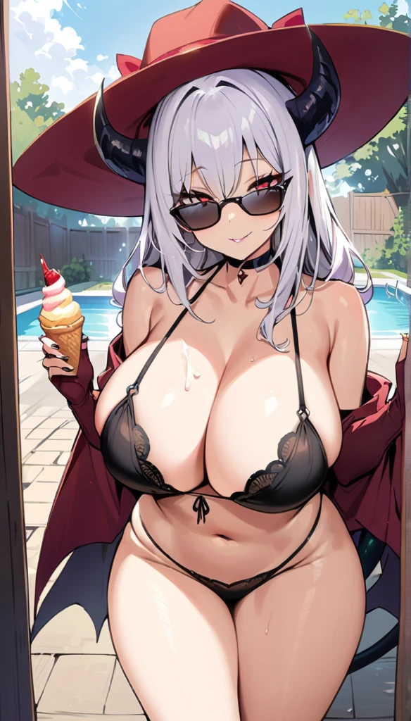 ((Best Quality)), ((masterpiece)), (detailed), 1 girl, long white hair, black horns, red eyes with hearts, big breasts, big thighs, black succubus tail, seductive smile, black bra, black thong, big hat, sunglasses, at home, in a patio, centered on the edge of a pool, sucking an ice cream, looking at the viewer, view from behind, backward
