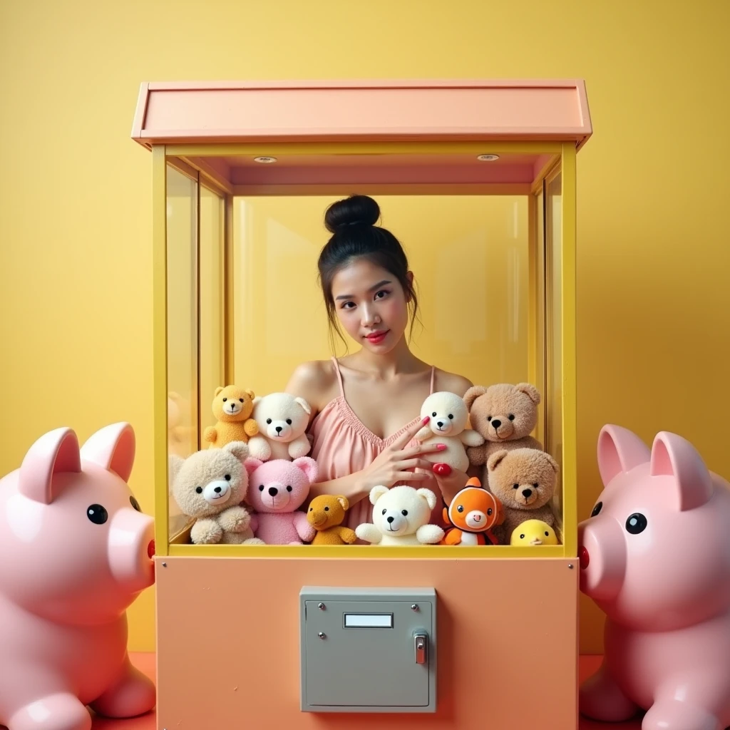 An asian woman with fair skin and dark hair, styled in a neat updo, is standing inside the claw machine, holding onto the claw mechanism. She is wearing a light pink, ruffled dress. Surrounding her are numerous plush toys, including teddy bears in various colors (pink, white, beige), a yellow duck, a brown dog, and a clownfish resembling Nemo. The background is a warm yellow, and the sides of the claw machine are a soft peach color. Two large, pink piggy bank figures are positioned on either side of the machine's entrance. The overall scene has a playful and surreal atmosphere.