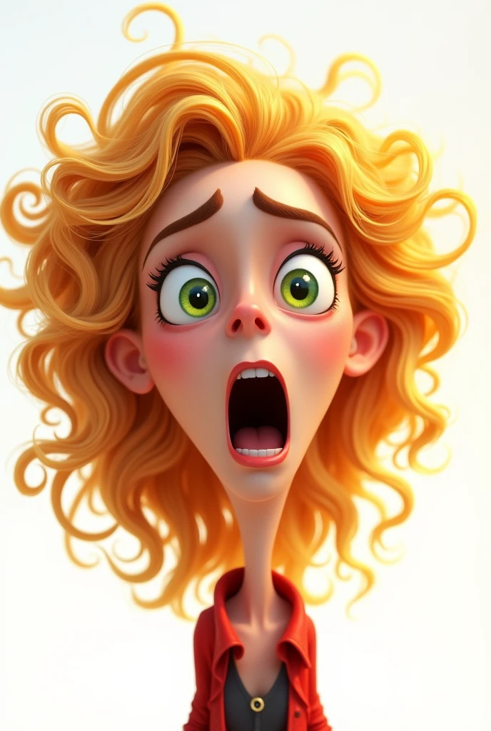 Woman white skin curly hair blonde color green eyes very angry expression pixar caricature style white background
