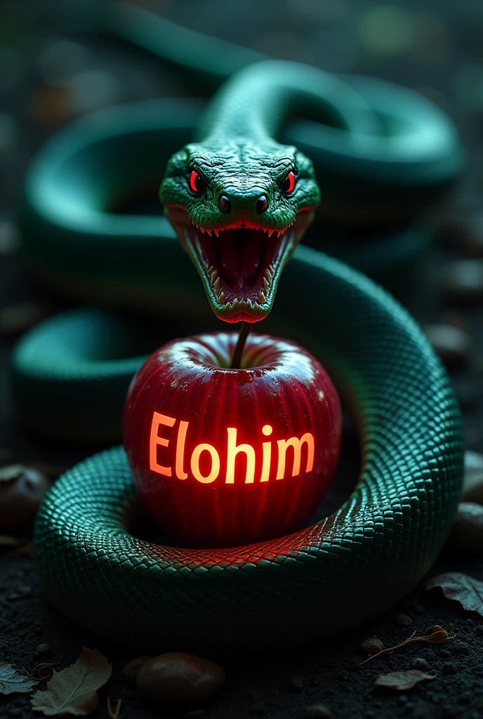 a python snake with its mouth open wanting to attack, The snake's tail is wrapping around an apple in the middle of the darkness., The apple has letters written on it that say Elohim, the python snake looking darkly