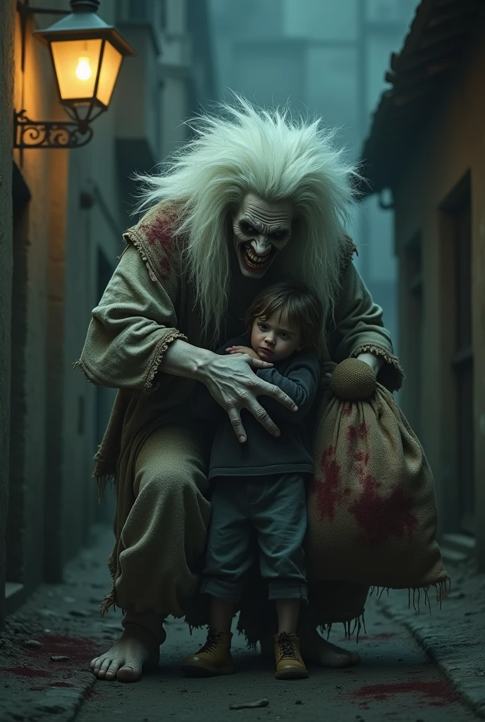 **Prompt Resumido com Criança**:
"Create an eerie image of the 'Papa-Figo,' a sinister old man with pale skin, wild white hair, and a menacing grin. He wears tattered, blood-stained clothes and carries a large burlap sack. The scene shows him holding a frightened child close to him as they pretend to be friendly. The setting is a dark, misty alleyway at night, with dim, flickering light casting an ominous glow on the unsettling interaction.""