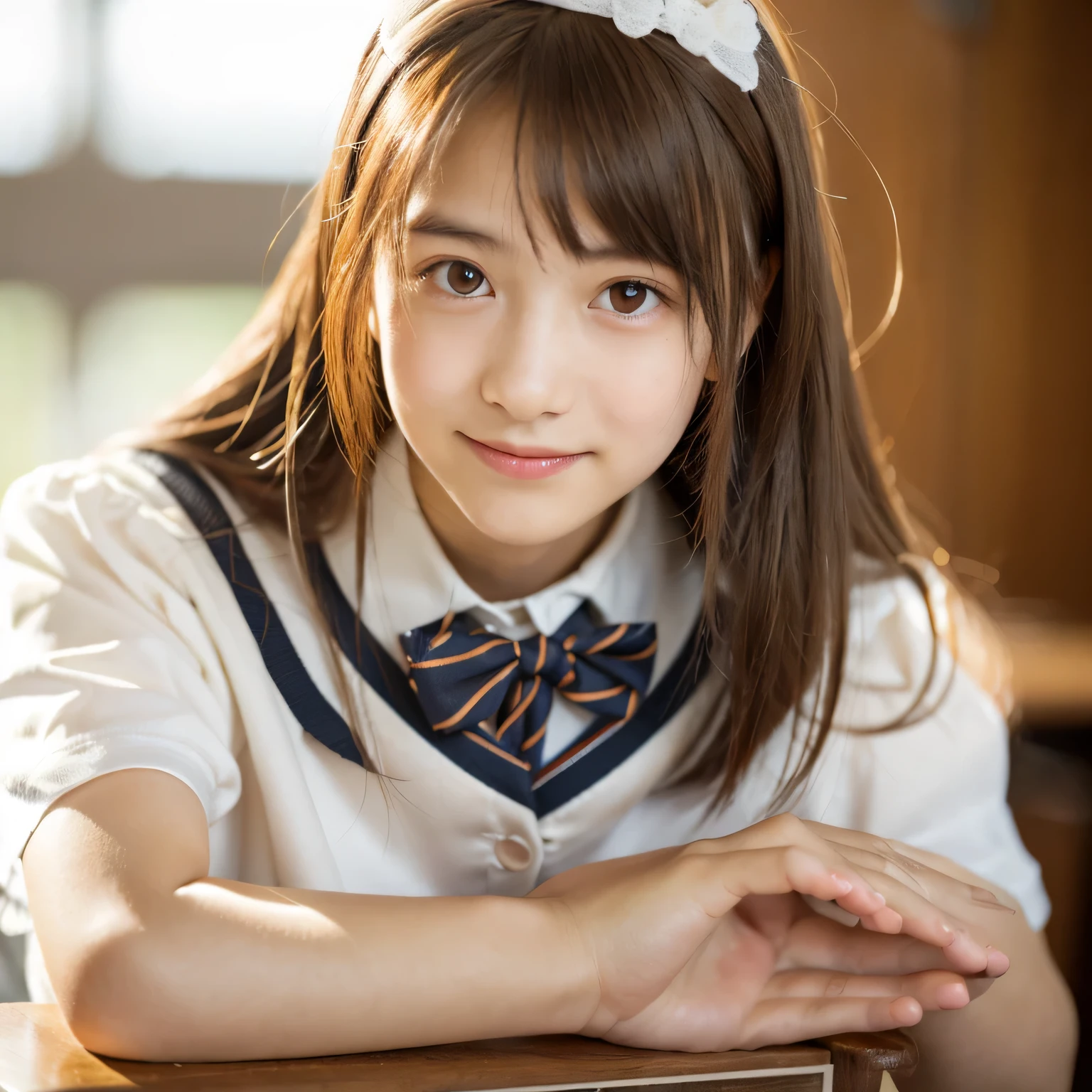 Highest quality, Face Focus, Soft Light, Ultra-high resolution, (Realistic:1.4), RAW Photos, One of the Japan, alone, cute, (pupil, light in your eyes), Beautiful face in every detail, (Small Box),(High resolution detail of human skin texture), (Medium-long hair),In the classroom , Wearing a high school uniform, (Portraiture),smile