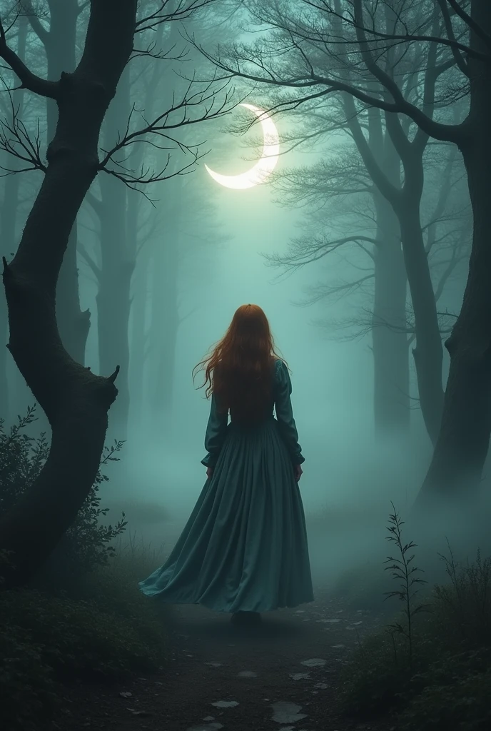 A medieval woman goes into a forest at night and in that forest there is a great fog