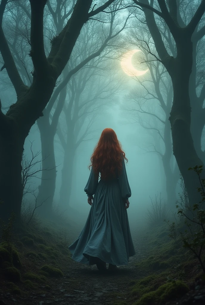 A medieval woman goes into a forest at night and in that forest there is a great fog