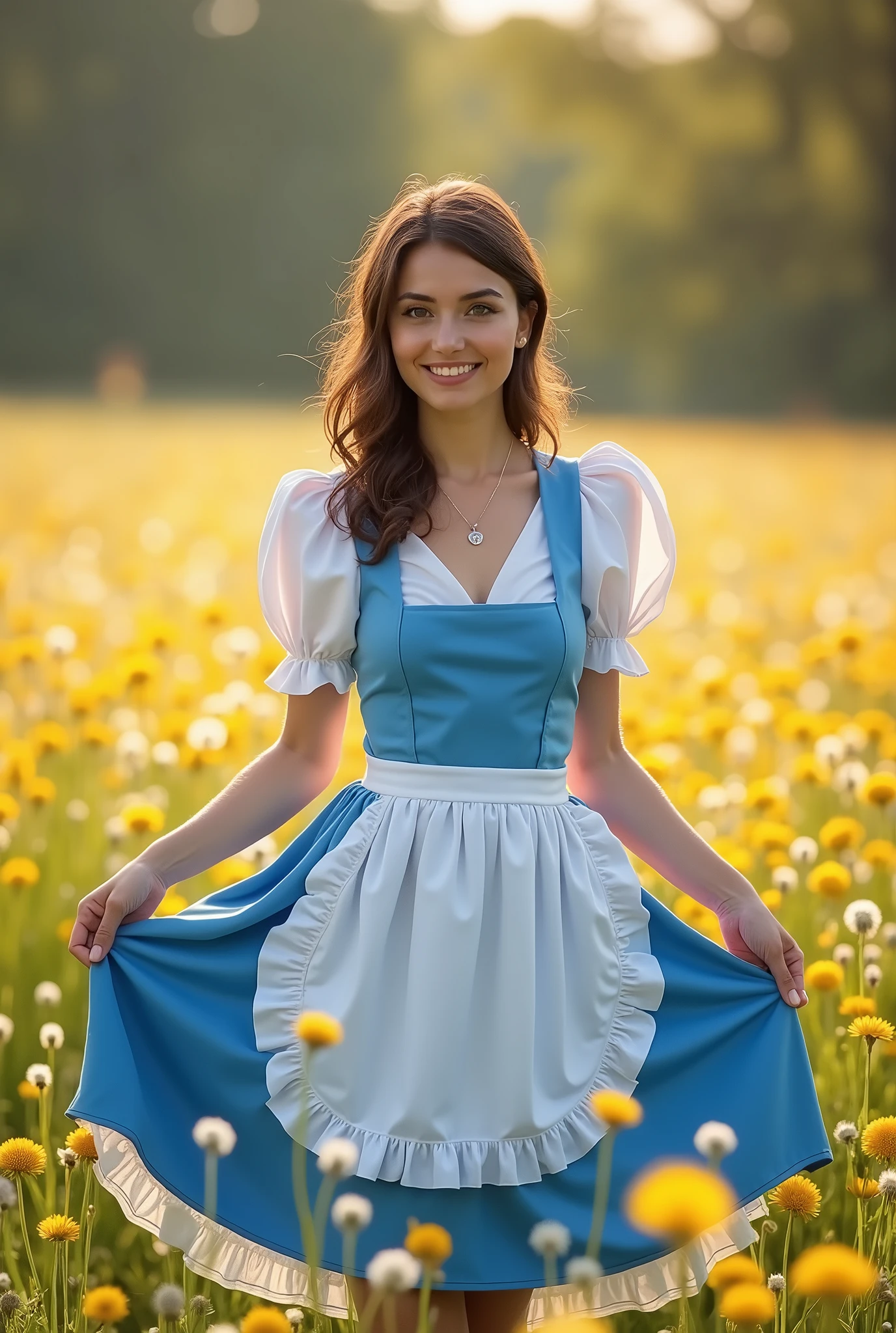 Brunette influencer, Cosplay as Belle from Beauty and the Beast outfit, standing in a field of dandelions, wearing a blue dress with white shirt underneath and white apron, pulling up her dress to reveal cute satin panties, cute smile, taken with a Canon R5 F1.2