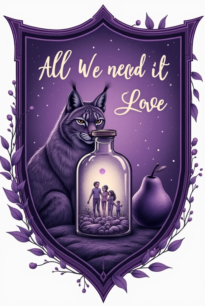 Create a shield with the purple color, a lynx, a pear, a glass bottle with a family inside and the phrase All We Need Is Love for easy drawing