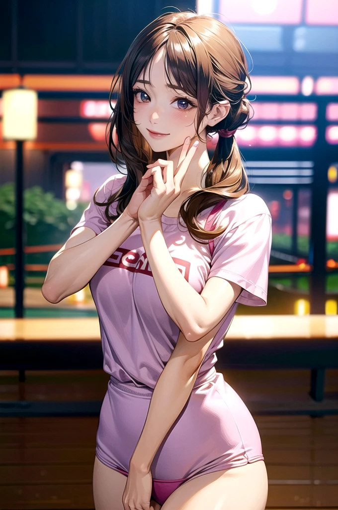 (masterpiece:1.2, top-quality), (realistic, photorealistic:1.4), beautiful illustration, (natural side lighting, movie lighting), 
looking at viewer, upper body, (front view), 1 girl, japanese, , perfect face, cute and symmetrical face, shiny skin, babyface, 
(middle hair:1.2, side ponytail, light brown hair), gold eyes, (large breasts:0.6, seductive thighs), 
beautiful hair, beautiful face, beautiful detailed eyes, beautiful clavicle, beautiful body, beautiful chest, beautiful thigh, beautiful legs, beautiful fingers, 
(Pink gym uniform, buruma,), 
(beautiful scenery), evening, sports hall, peace sign, (lovely smile, upper eyes), 