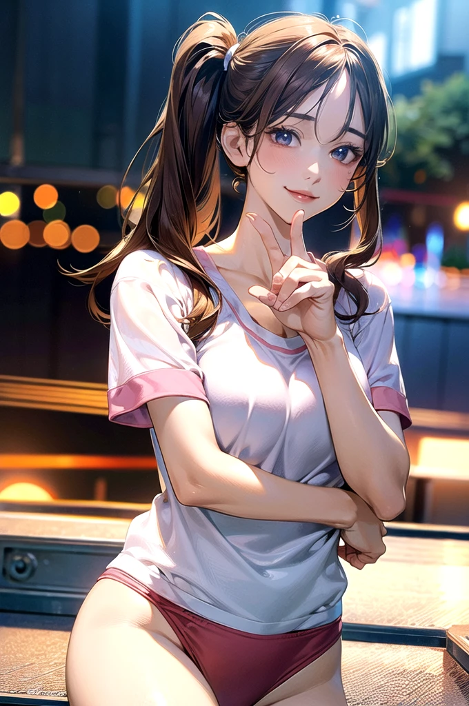 (masterpiece:1.2, top-quality), (realistic, photorealistic:1.4), beautiful illustration, (natural side lighting, movie lighting),
looking at viewer, upper body, (front view), 1 girl, japanese, , perfect face, cute and symmetrical face, shiny skin, babyface,
(middle hair:1.2, side ponytail, light brown hair), gold eyes, (large breasts:0.6, seductive thighs),
beautiful hair, beautiful face, beautiful detailed eyes, beautiful clavicle, beautiful body, beautiful chest, beautiful thigh, beautiful legs, beautiful fingers,
(Pink gym uniform, buruma,),
(beautiful scenery), evening, sports hall, peace sign, (lovely smile, upper eyes),