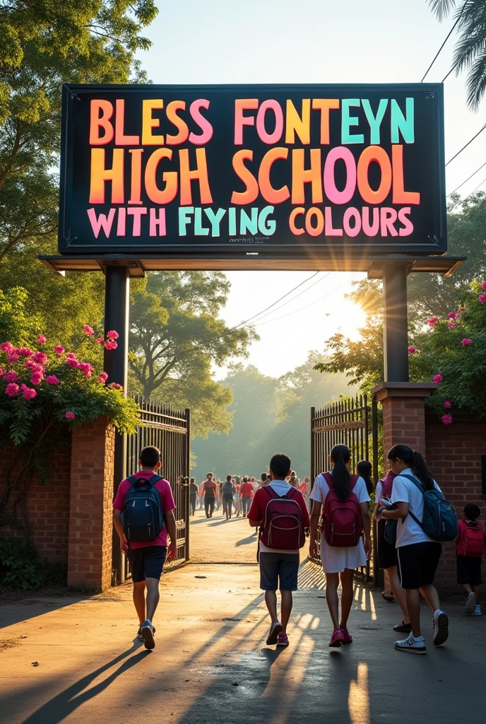 A billboard written BLESS FONTEYN HIGH SCHOOL WITH FLYING COLOURES next to the school gate