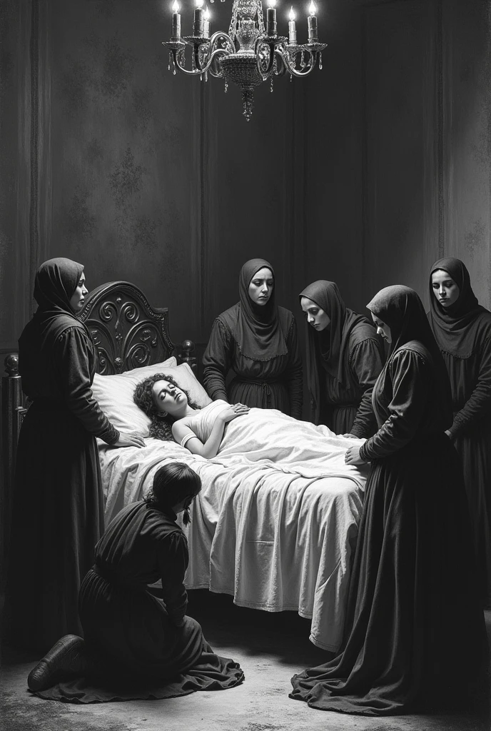 Scene of a girl lying in bed with maids and servants weeping around her while a black maid embraces her in black and white drawing with shadows