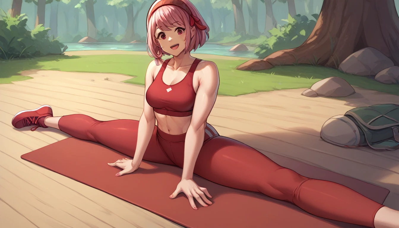 camp site, defLapis, pink short hair, hair ribbon, two-tone hairband, red yoga pants, red sports bra, 1girl, solo, Sitting, On the floor, Split Horizon, stretch, horizontal splits, stretch regs, hands on floor, smile, open mouth