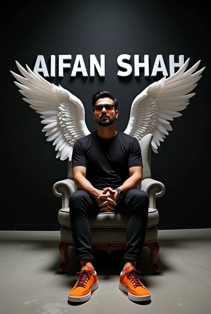 Create a 3D illusion for a picture where a boy 30 years in a black shirt sits casually on a Wingback Chair. Wearing sneakers ,, and sunglasses, he looks ahead. The background features "Aifan Shah" in big and capital white fonts on the black wall. There should not be his shadow, and there are wings to make it appear as if he is an angel.