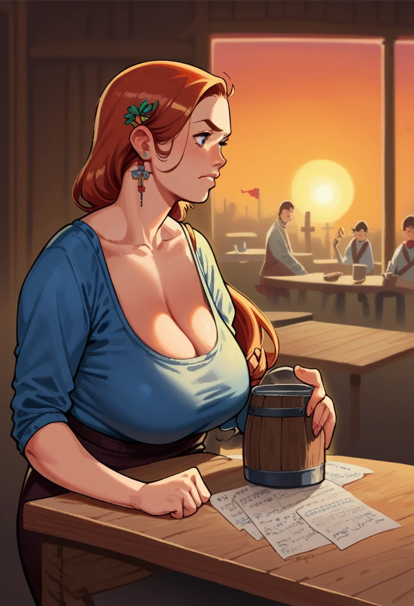 score_9, score_8_up, score_7_up, source_anime, 1 woman, sitting at a table, breasts reating on table, pointing at her eyes, angry emotions, low cut haltertop , cleavage, skindentation , lize1st, hair ornament, pretty girl, (tense emotions:1.1), tavern, sunset, light shaft, ((large sagging chest)) ((art by norman rockwell)) BBW
((Safe for work)) ((from the side side))