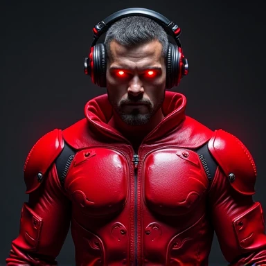 Create a male avatar for "nunadafps" focusing on the color red. The character must display strength and intensity, with a futuristic red armor that has neon details. Your eyes should glow a menacing red., and the background should be dark to highlight the red color. Add a high-tech gaming headset and integrate the name "nunadafps" in a subtle way, in vibrant red, in the costume or in the background.