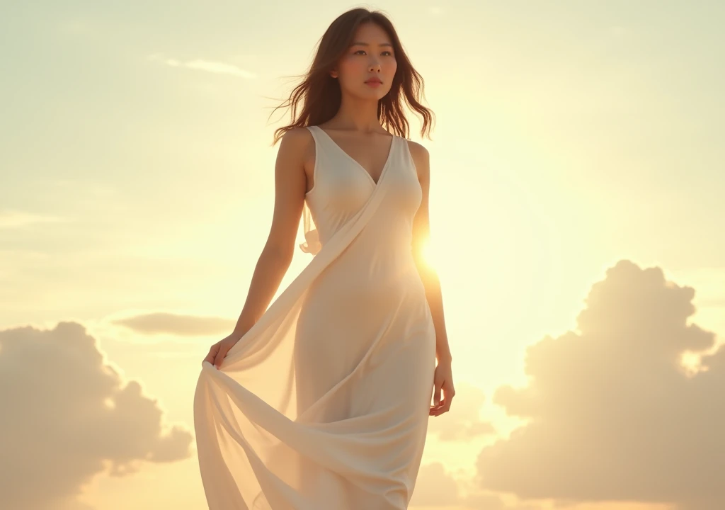 BUSTY ASIAN WOMAN IN WHITE CLOTHING SHOWING HER BREASTS AGAINST THE LIGHT