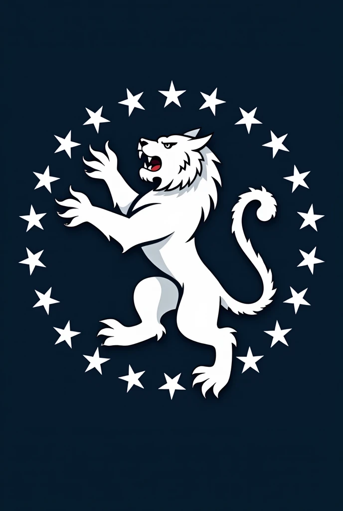 Flaag symbol of country for emblem with 600×800 pixel size, in the middle is a rampant four legged white tiger with 50 stars symbolizing the Huaxia tribe ruling 50 country of the world and there are dark blue background color with no decoration. 