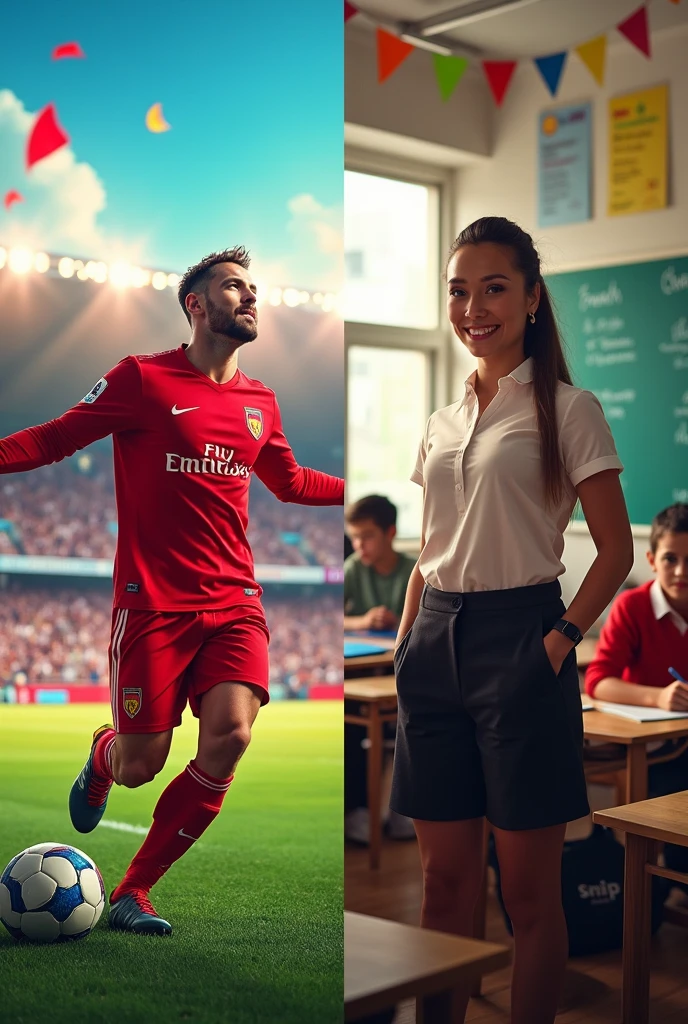Generate an image showing a professional soccer player and a teacher, but each one has its own different background
