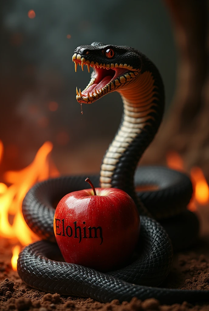a python snake with its mouth open wanting to attack, The snake's tail is wrapping around an apple in the midst of darkness with a lot of fire around it., The apple has letters written on it that say Elohim, the python snake looking darkly