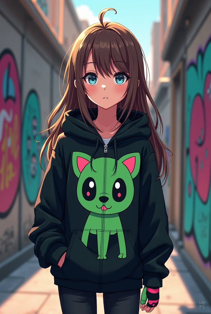 draw art of 14 year old girl in anime style, blue-gray eyes, a little long messy brown hair, sloppy strands over shoulders and long bangs to the side that covered my left eye, round glasses with black frames, clothing style was rather baggy, a black zip hoodie with the character Gir from Invader Zim, (a green dog with large slanted eyes, black limbs, ears and tail), on one hand I had pure black fingerless glove and on the other fingerless glove with black and pink stripes, and black jeans.