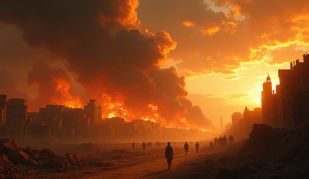 Create a realistic and dramatic image that captures the scene of the destruction of the city of Sodom, as described in the Bible. The sky should be laden with dark and threatening clouds, as flames of fire and sulfur fall from the sky, illuminating the city in flames. Buildings should be represented in ruins, with smoke and ashes hanging in the air. Ao fundo, you can see figures of panicked citizens, running and trying to escape the catastrophe, with expressions of fear and despair. The atmosphere should convey a sense of judgment and calamity, without the presence of God in the image, but invoking your action through the elements of nature.