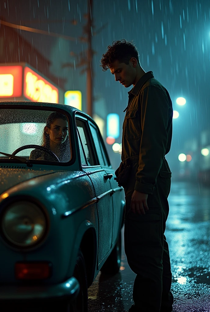 Scenario: Rainy night, a broken car with the hood open, a young woman inside the car, and a young mechanic in front of the car with the hood open, holding an old rag on his shoulder.