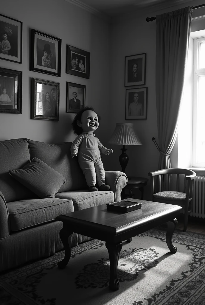 Create a black and white image with a 1940s vintage style, showing the living room of an old house from the time. On price, place a creepy doll the size of an adult man (approximately 1,80 m high), with a face that conveys a creepy look and a sinister smile. The doll should be waving and saying 'Hello', adding an element of horror and unease to the nostalgic atmosphere of the room. The room should have furniture and decor typical of the 1940s, as sofas, rugs and a coffee table, to capture the essence of the era.