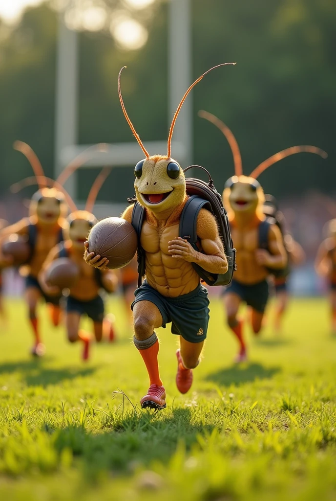 Plusieurs insectes Grillon . 
Très Musclé.
un ballon de rugby dans la main et un sac d'école.
Souriant.
Terrain de rugby.
Ils court 