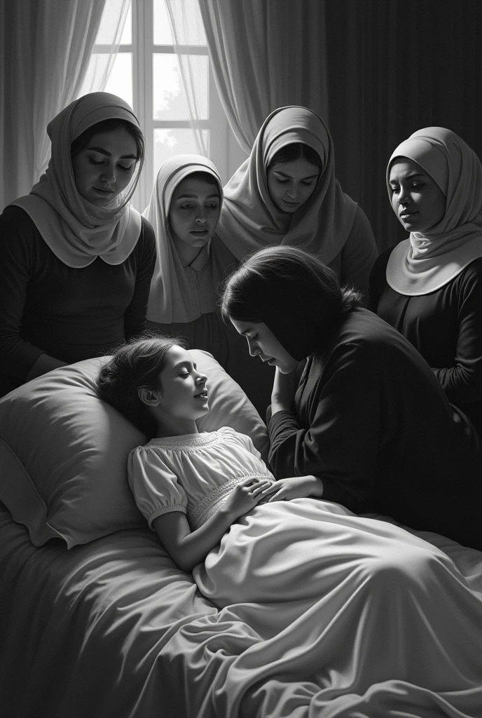 Scene of a girl lying in bed with maids and servants weeping around her while a black maid embraces her in black and white drawing with shadows