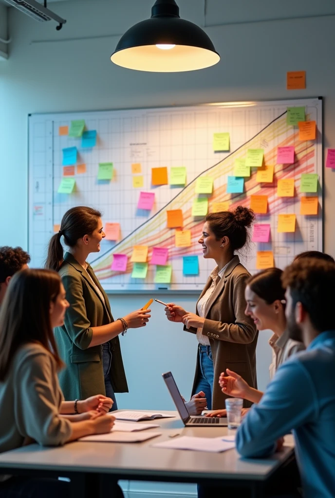 A diverse team working on a whiteboard, with ideas written on colorful post-it notes. Background with a growth chart."