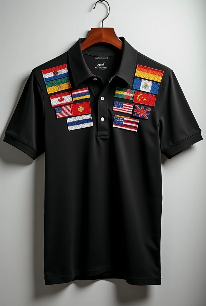 Plain black polo shirt having flags of country on it in HD