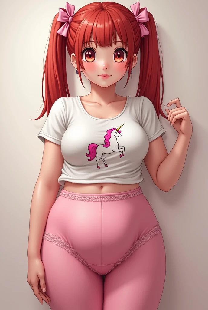 One with age, very white, straight red hair, breasts small, thick-thighs, Big butts, much bigger than it should be for her age, with a chubby , very fertile. pig tails in your hair, with two pink satin bows, she wears a white blouse, with a unicorn in front, e leggings rosa, that leave your panties well outlined, both front and back. on back, A pequena marca de sua calcinha desaparece no meio de seu Big butts. At the front, The leggings are so tight that the lace of the panties, that looks good on her forehead . glad (charismatic) 