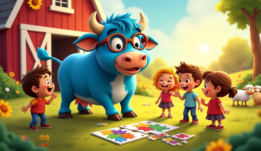 boboo the bull in vibrant farmyard love to solve puzzles for kids caetoon