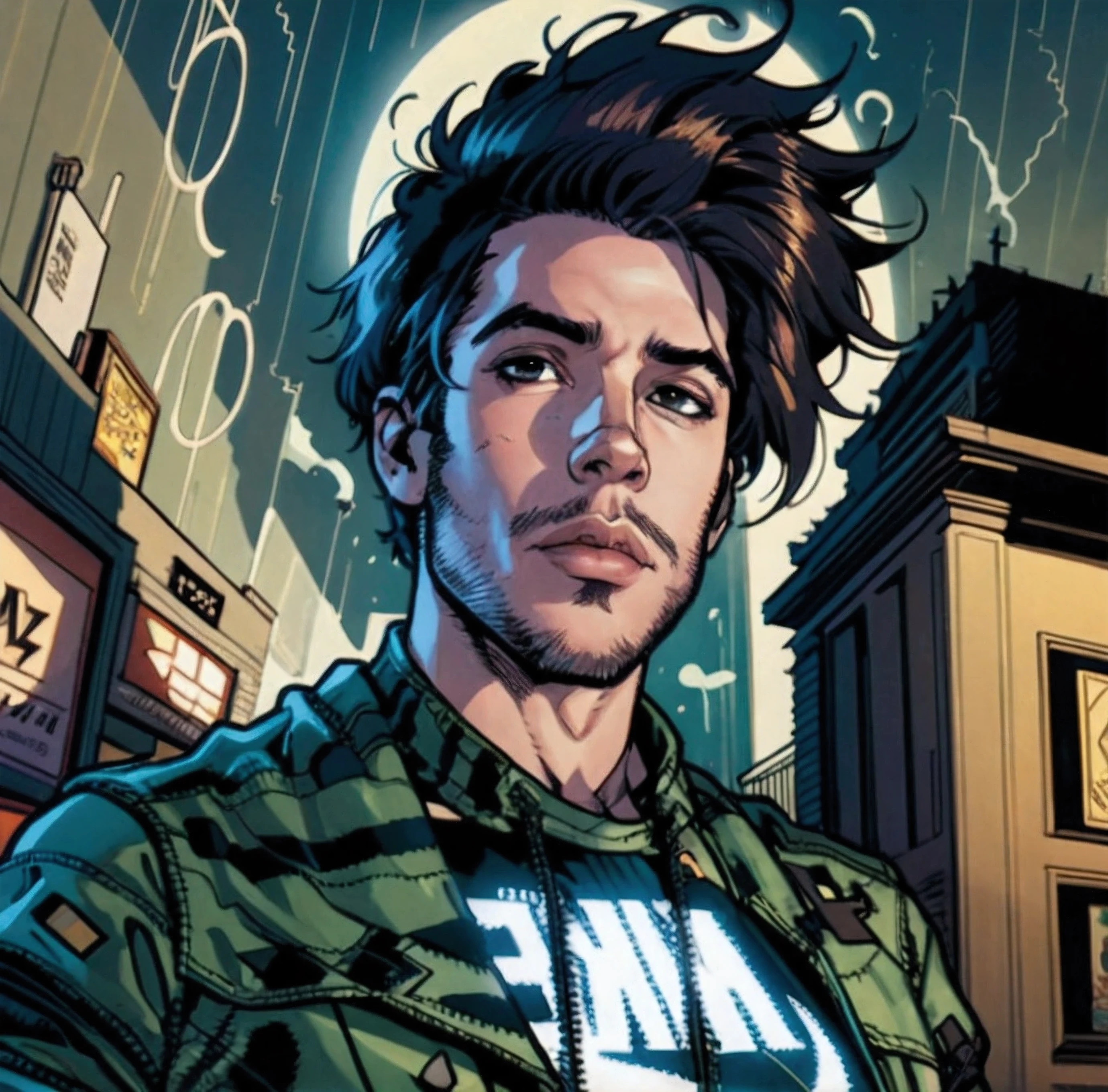 a man in a black jacket standing in front of a building, portrait of jughead jones, martin ansin, avatar image, phil jimenez, fanart, by Galen Dara, hero, as illustrated in top cow comics, cliff chiang, jay bauman, profile shot, martin ansin artwork portrait, john romita senior, comicpunk, comic cover, full color illustration